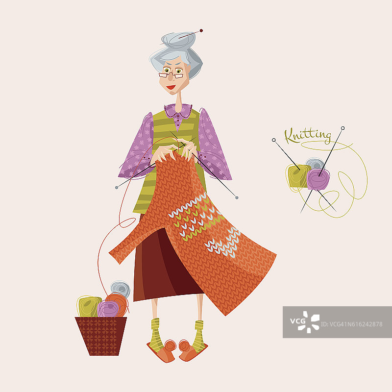 针织。老妇人织一件毛衣。图片素材