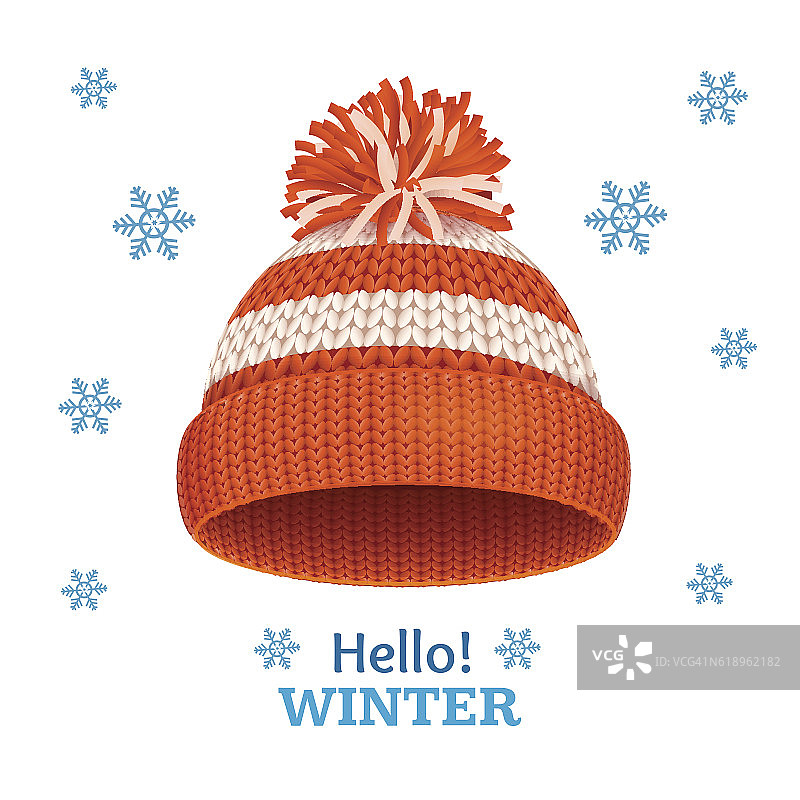 为冬季卡片编织毛料红帽。向量图片素材