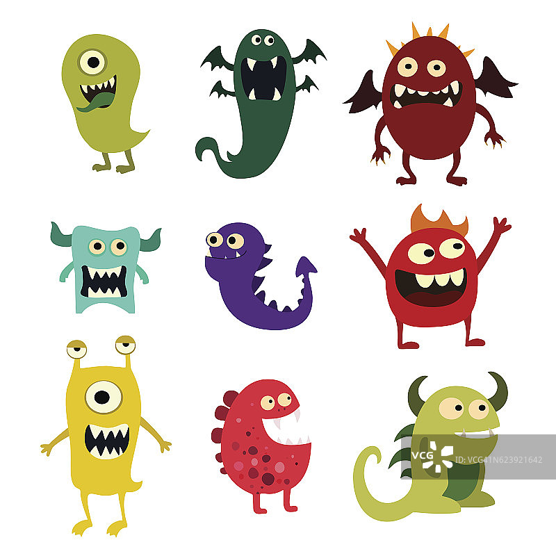 卡通怪物。五颜六色的玩具可爱的怪物。向量图片素材