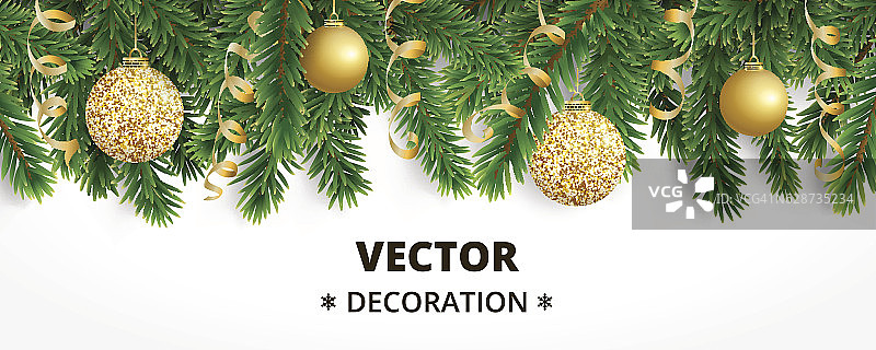 水平圣诞横幅与杉树花环，悬挂球和图片素材