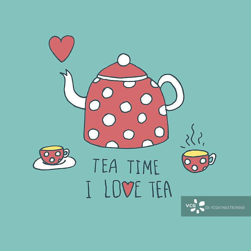 茶时间插图用圆点茶壶，杯，心图片素材