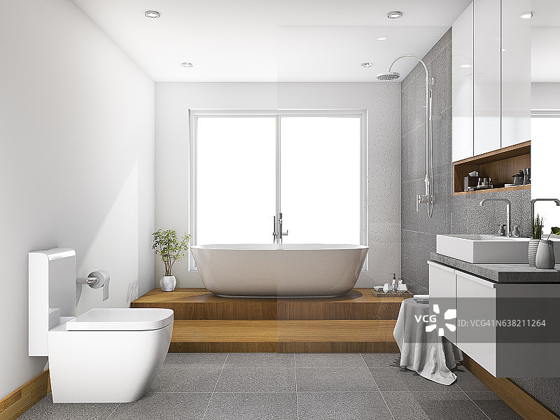 3d渲染木质台阶浴室和卫生间，玻璃隔断图片素材