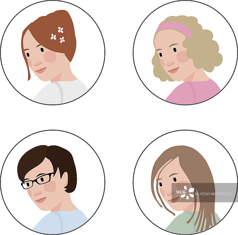 一套手绘妇女的头与各种发型。图片素材