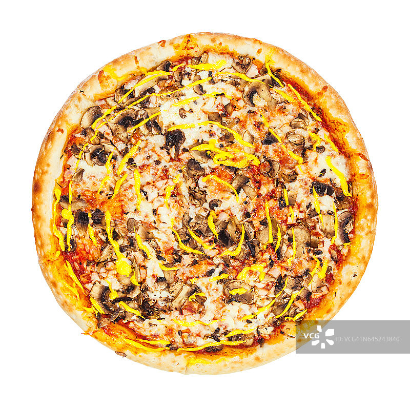 美味的经典意大利披萨配辣味鸡肉、蘑菇和奶酪。图片素材