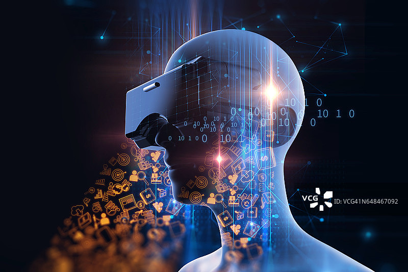 在未来技术上的VR头盔中的人类的3d渲染图片素材