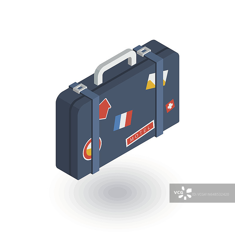 箱包，手提箱，旅行袋贴纸等距平面图标。三维向量图片素材