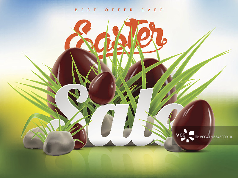 复活节销售横幅背景模板与绿草和巧克力蛋。图片素材