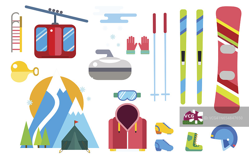 冬季运动矢量图标设置滑雪滑雪板衣服工具元素头盔手套靴子元素项目插图孤立的设备极端的生活方式图片素材