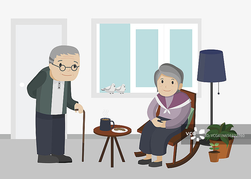 一个老人和一个女人在客厅的插图。图片素材