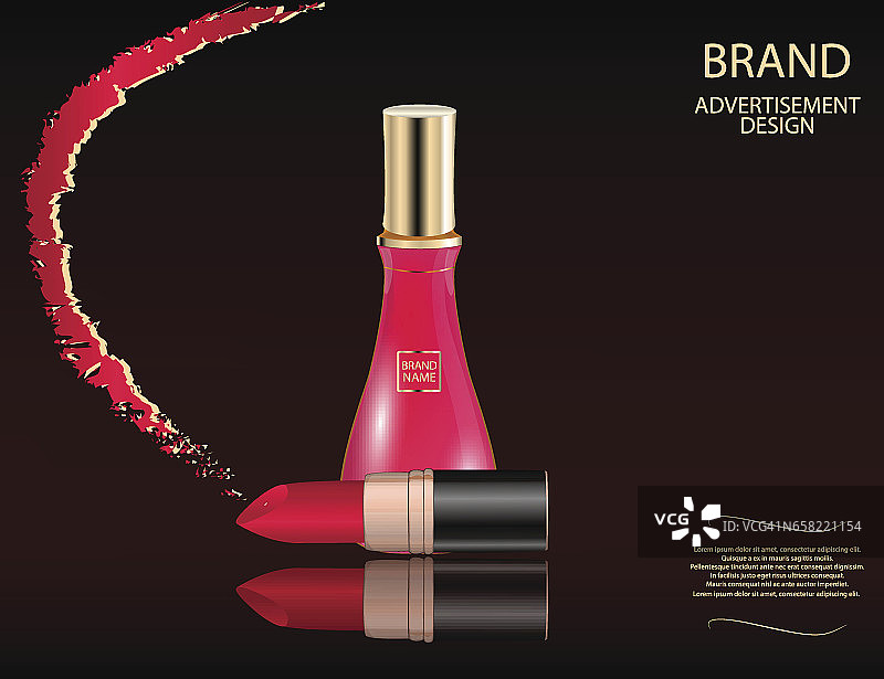 迷人的香水玻璃瓶和红色唇膏在闪闪发光的效果背景图片素材