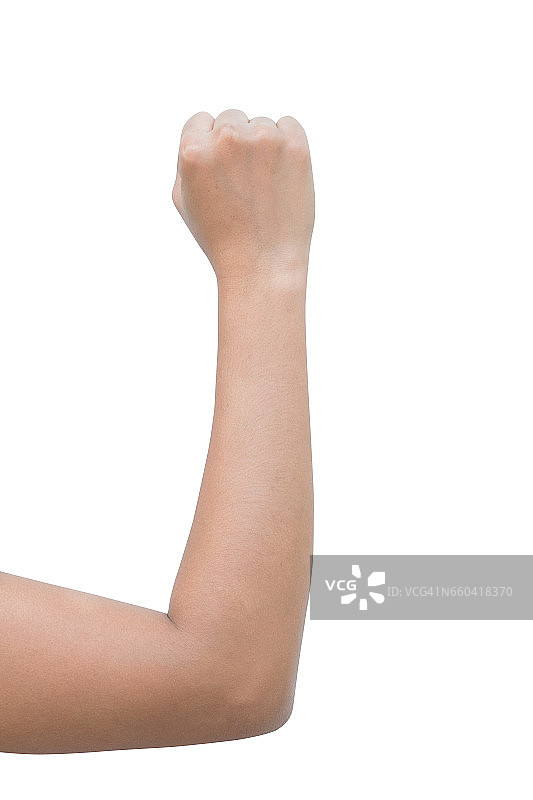 右反手，一个女人展示了全部的手，拳头，锤子，数字零标志。在白色背景上隔离图片素材