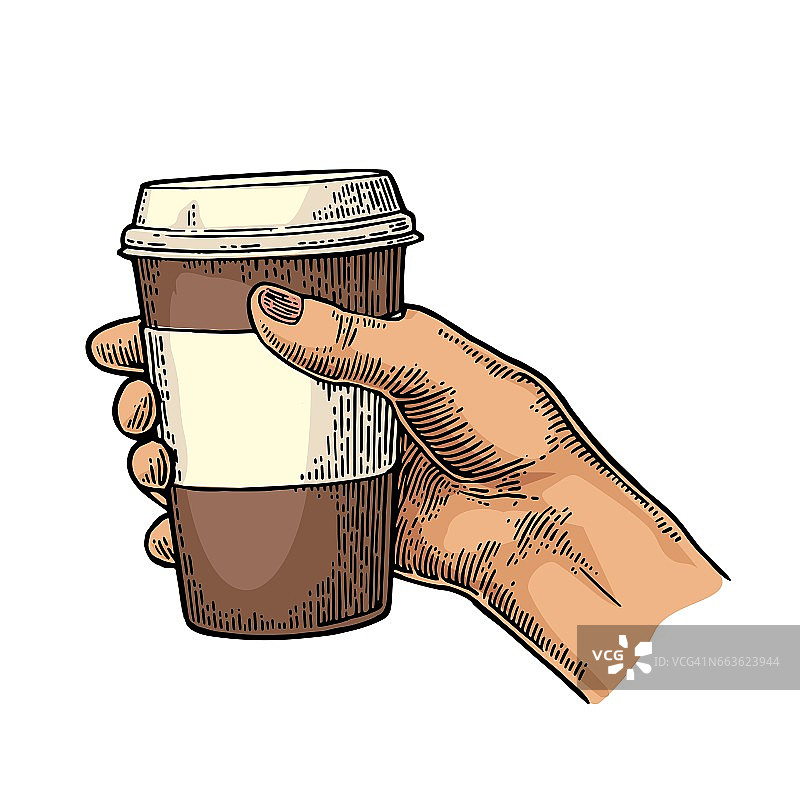 女性手拿一次性咖啡杯与纸板托和盖子。图片素材