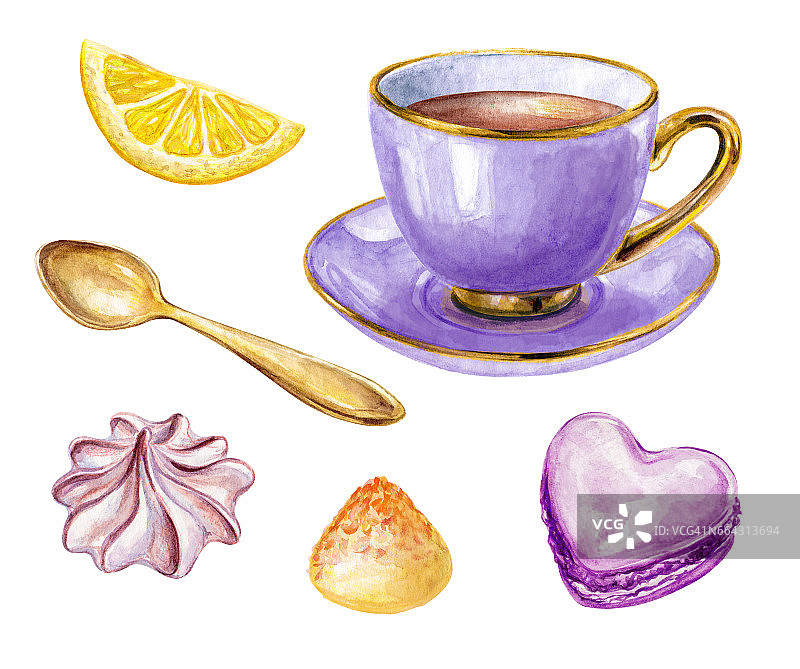 水彩紫色茶杯的茶，柠檬，松露，金匙，蛋白，插图孤立的白色背景图片素材