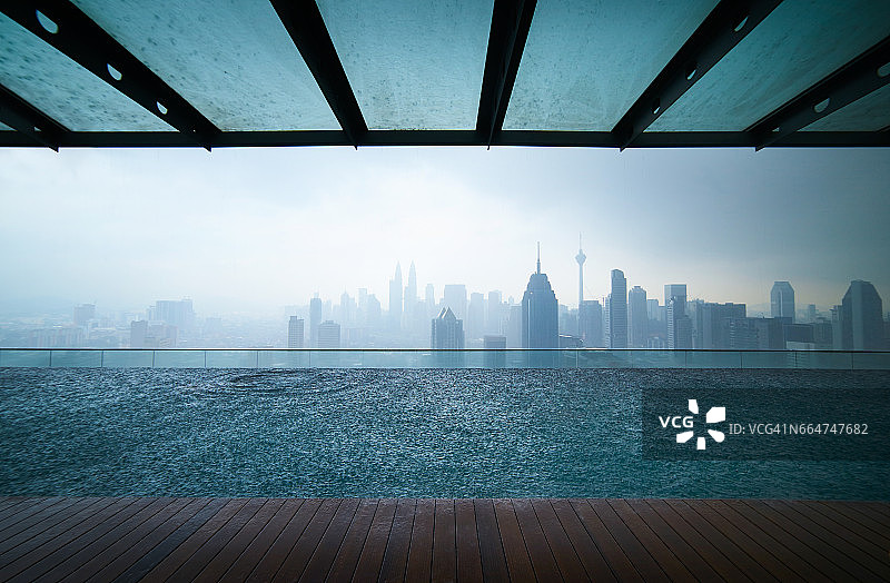 屋顶游泳池，可以看到美丽的城市天际线图片素材