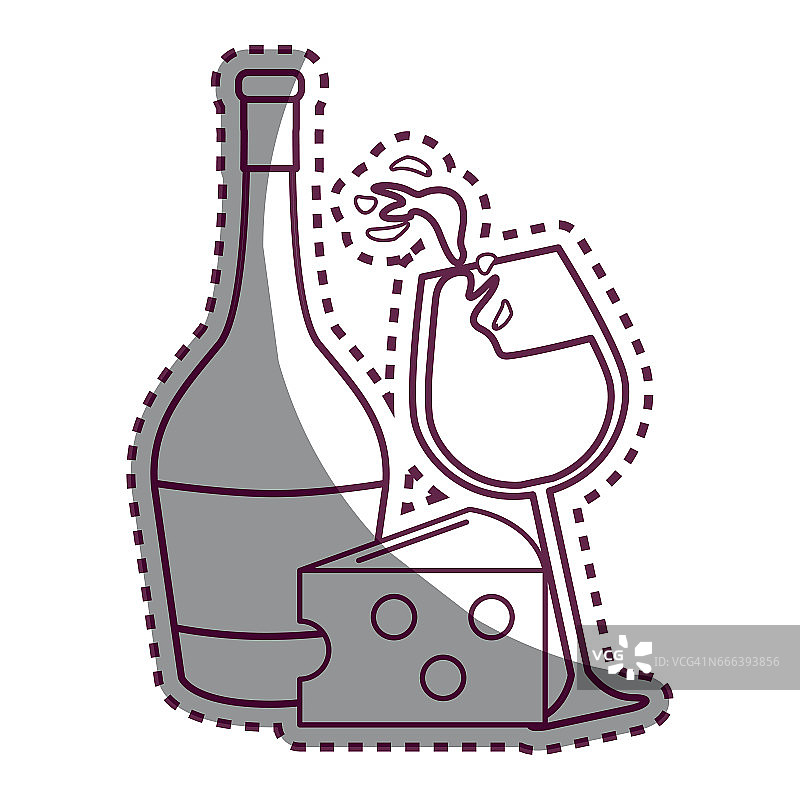 贴纸线玻璃飞溅葡萄酒和瓶子和奶酪图标图片素材