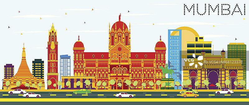 有彩色建筑和蓝天的孟买天际线。图片素材