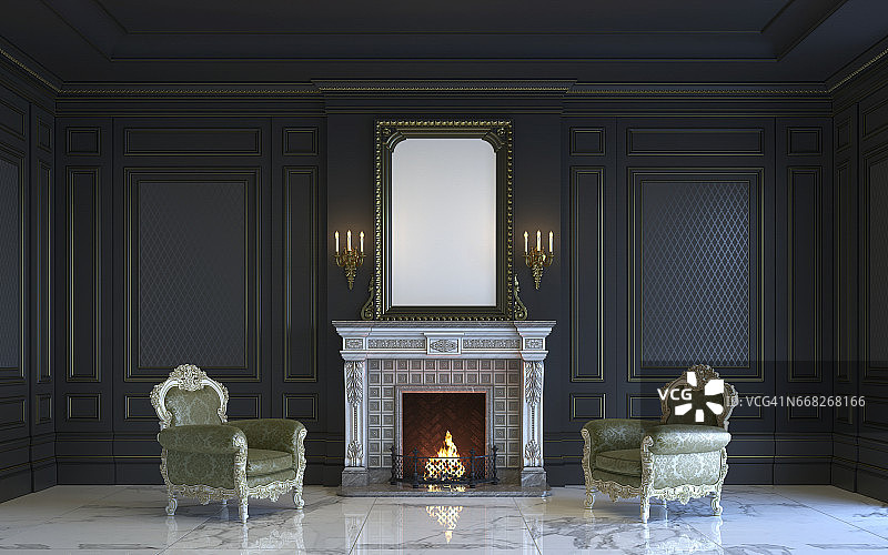 经典的室内设计采用了暗色调，并配有壁炉。3 d渲染。图片素材