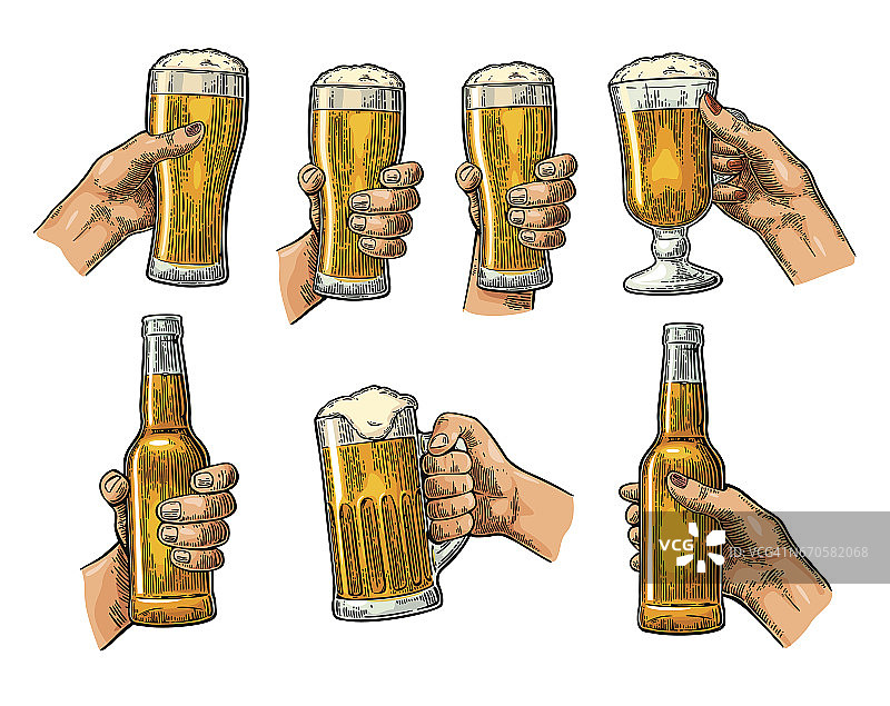 男人和女人手牵着手，碰着啤酒杯、酒瓶图片素材