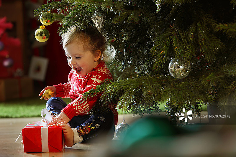 蹒跚学步的小女孩抱着圣诞树图片素材