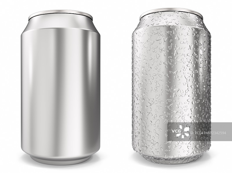 设置，铝罐上的水滴，真实的3d渲染隔离在白色背景上图片素材