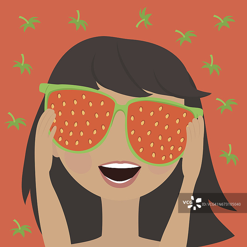 小女孩戴着镜面太阳镜，草莓的倒影在她的脸上。图片素材