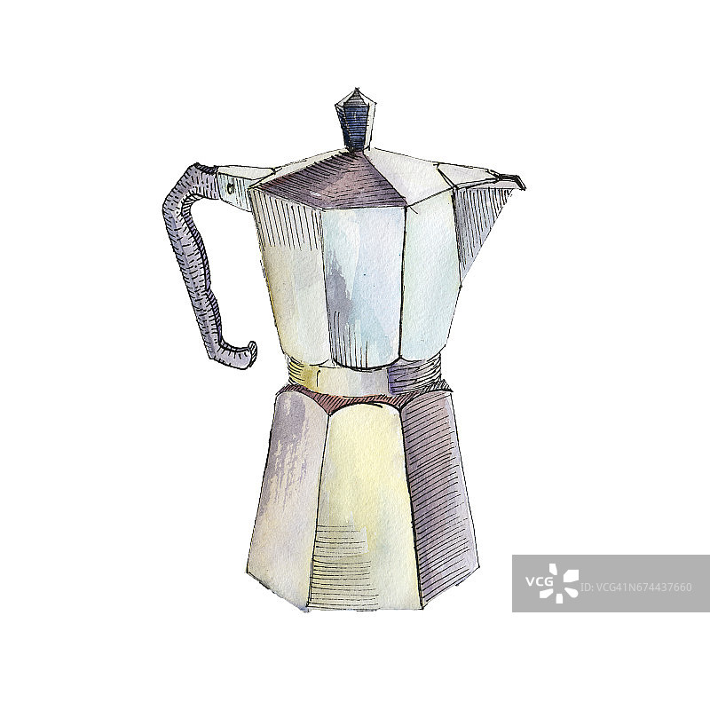 咖啡壶孤立在白色背景，水彩插图手绘风格。图片素材