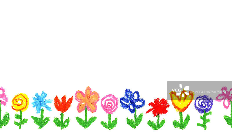 蜡笔像孩子画的彩色的花白色。像孩子画的粉笔盛开的花朵集。可爱的孩子们喜欢画春天开花的草地。图片素材