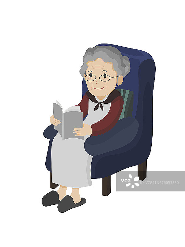 一位老妇人坐在沙发上的插图。图片素材
