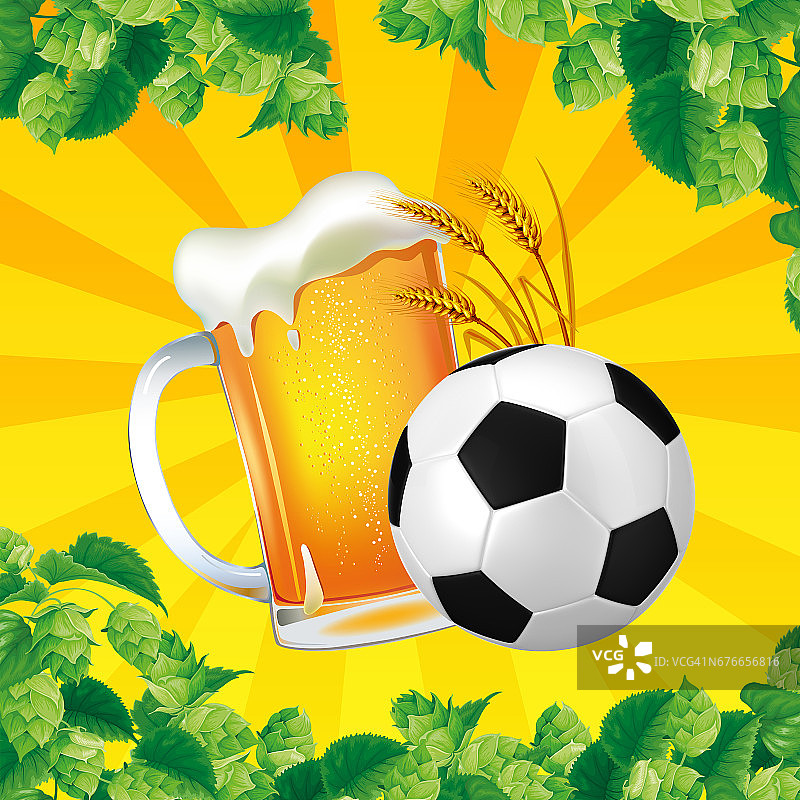 一杯好啤酒和一个明亮的足球背景图片素材