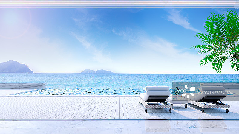 舒适的夏日，日光浴甲板上的太阳躺椅和私人游泳池，靠近海滩和全景海景豪华别墅/3d渲染图片素材