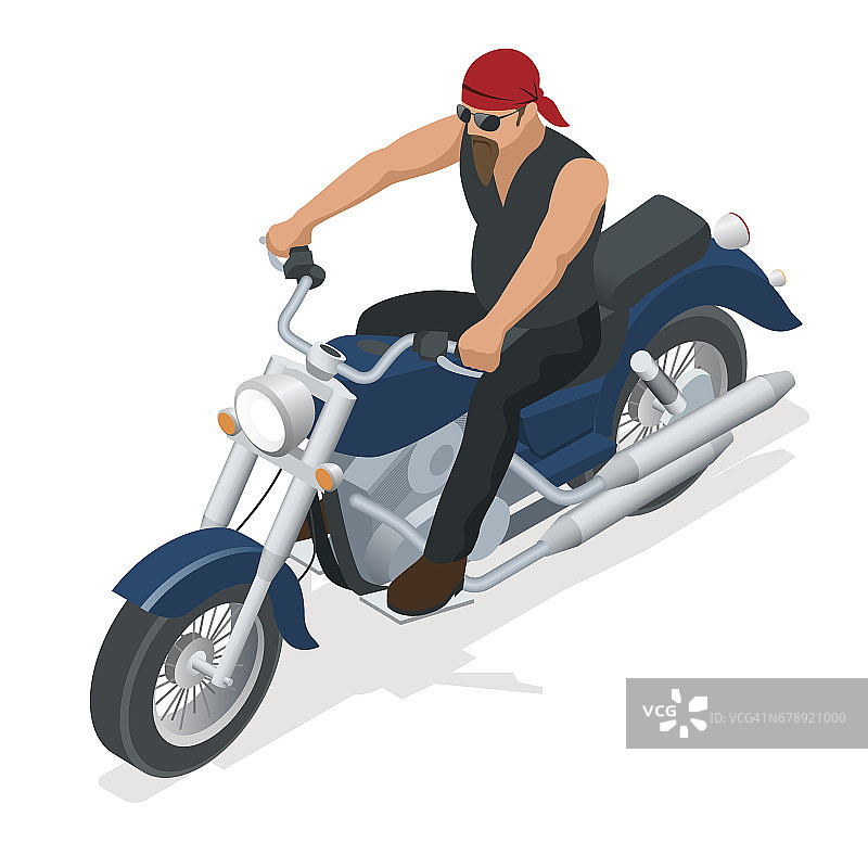 等距骑摩托车的人在路上。自由和旅行的概念。图片素材
