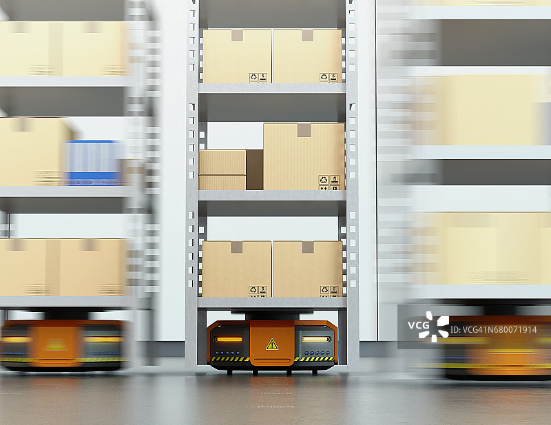 现代仓库中橙色的机器人搬运货物托盘图片素材