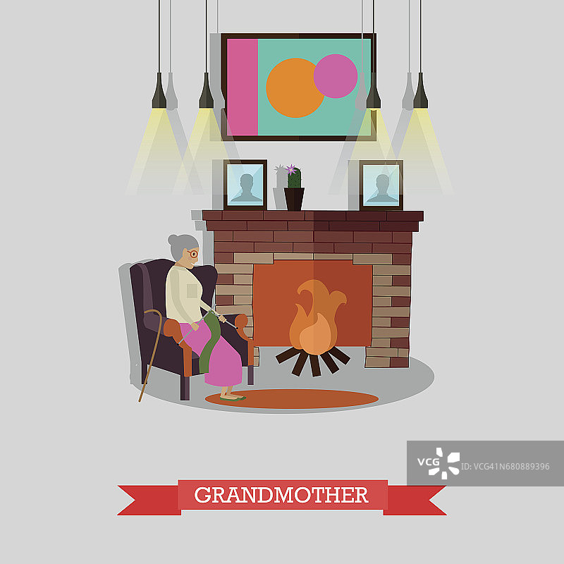 矢量插图的祖母坐在扶手椅在壁炉。图片素材