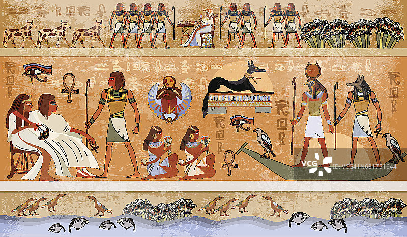 古埃及场景，神话。埃及的神和法老。古庙外墙上的象形雕刻图片素材