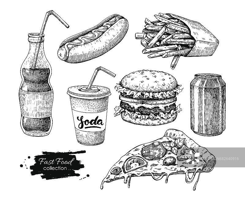 快餐矢量手绘集。雕刻风格的垃圾食品插图图片素材