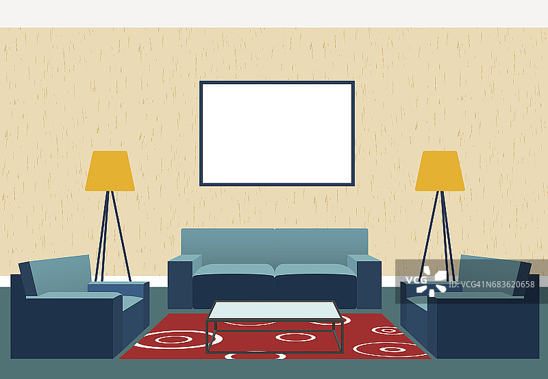 客厅室内设计采用扁平化风格，包括扶手椅、沙发、玻璃桌子、台灯、空相框等。图片素材