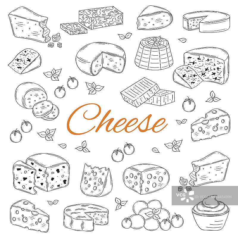 矢量集各种类型的奶酪，手绘插图孤立在黑板背景图片素材