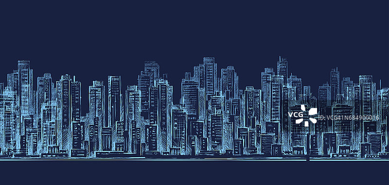 城市天际线夜景，手绘插图图片素材