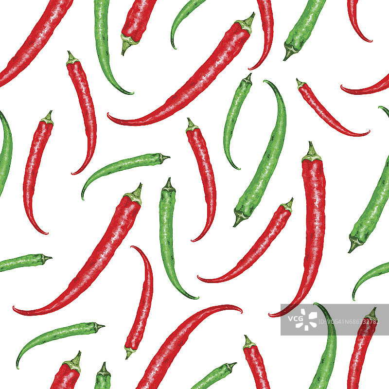 鲜水彩红，绿辣椒辣椒矢量插图孤立在白色背景，无缝矢量图案烹饪配料，调味品，手绘辣菜单，包装，壁纸图片素材