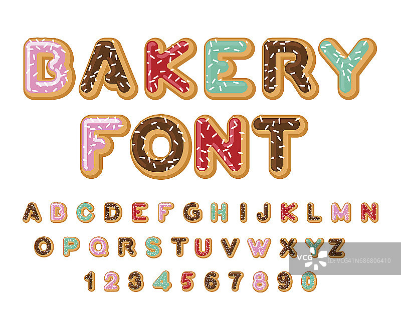 面包店字体。甜甜圈ABC。在油里烤的字母。巧克力糖霜和糖霜。可食用的排版。食物刻字。甜甜圈字母。图片素材