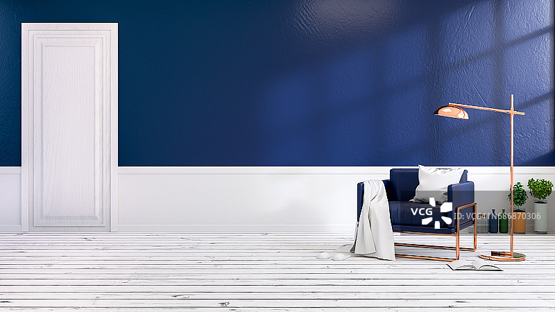 现代阁楼客厅内部，白色地板和深蓝色墙壁上的蓝色扶手椅。空房间，3d渲染图片素材