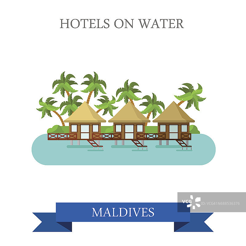 马尔代夫的水上酒店。平面卡通风格的历史景点展示景点网站矢量插图。世界各国城市度假旅游观光亚洲收藏。图片素材