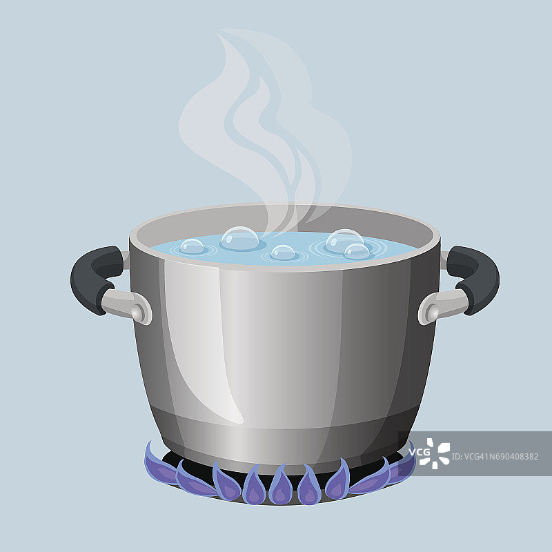沸水在铝锅上的气体火焰逼真的矢量插图图片素材