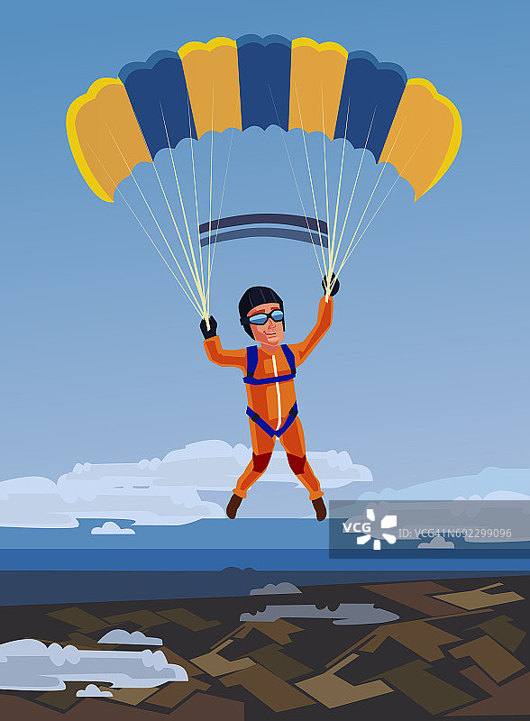 跳伞快乐微笑的运动员跳跃和飞行与打开降落伞图片素材