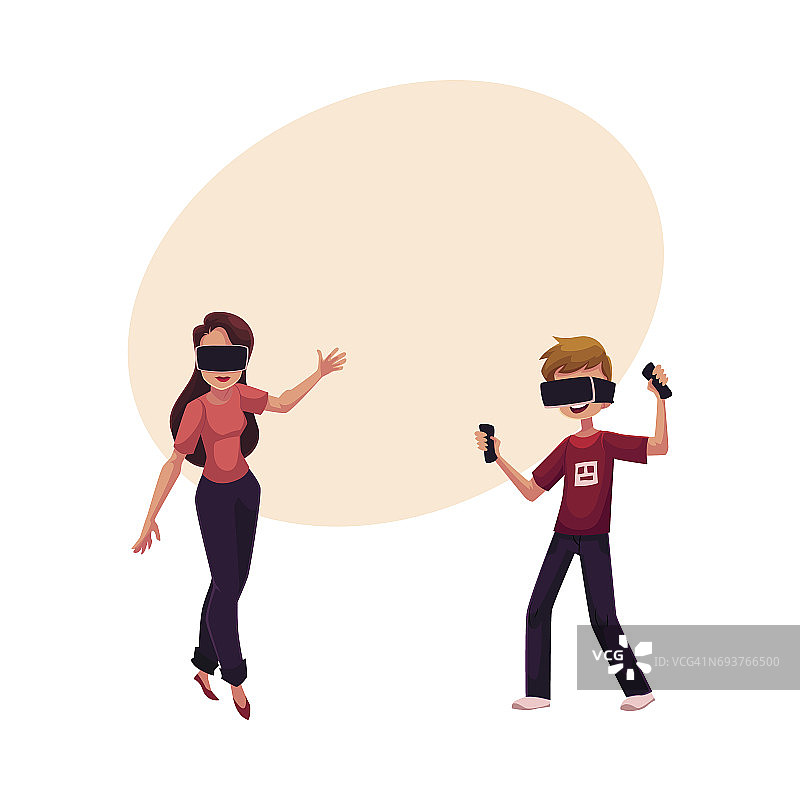 男孩和女孩戴着虚拟现实头盔，模拟器，一起玩图片素材