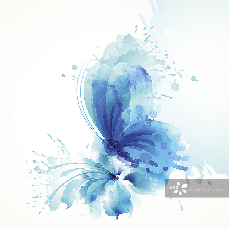 美丽的水彩抽象半透明蝴蝶上的蓝色花在白色的背景。图片素材