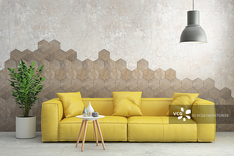 现代时尚的室内客厅与黄色沙发图片素材