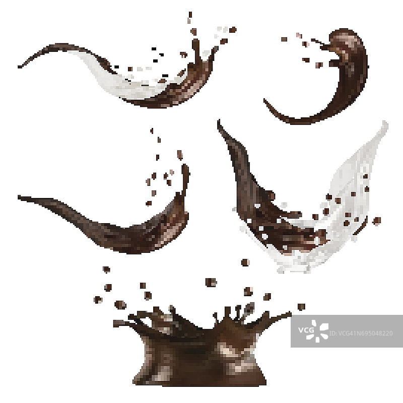 牛奶和巧克力飞溅矢量隔离在白色背景。倒出的液体或奶昔带有斑点。3 d演示。图片素材