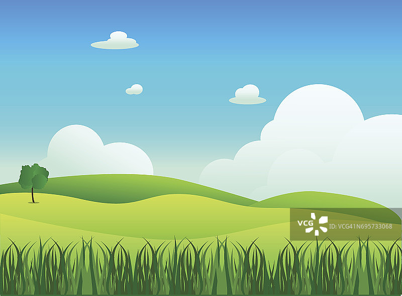 草地景观与草地前景，矢量插图。绿色的田野和天空的蓝色和白云的背景图片素材