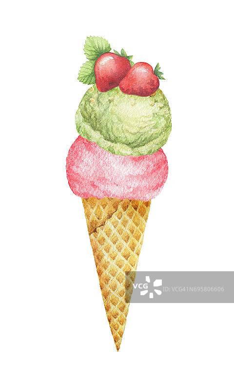 水彩华夫蛋筒，开心果冰淇淋和草莓水果装饰。图片素材